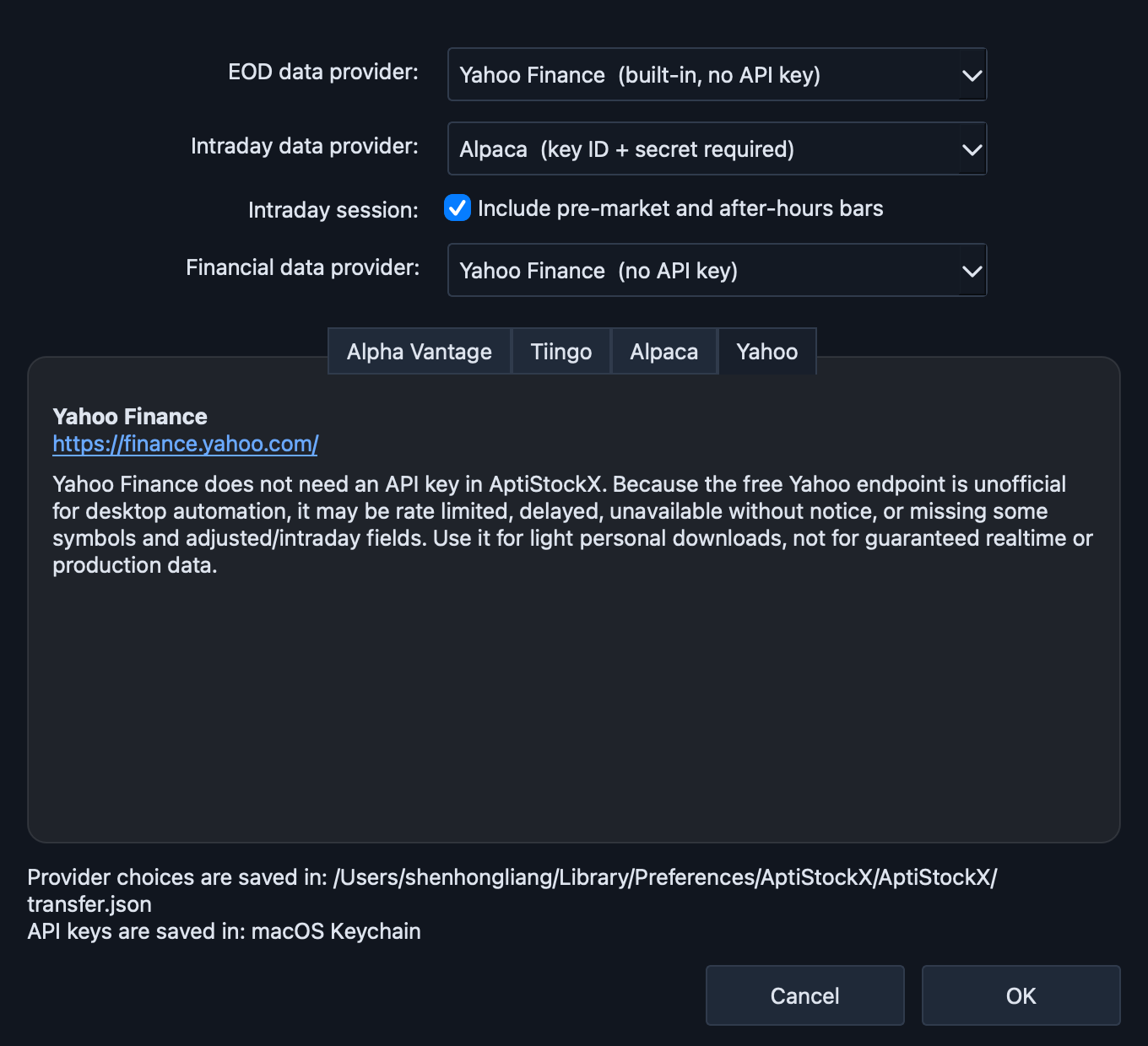 AptiStockX Data Provider Settings dialog