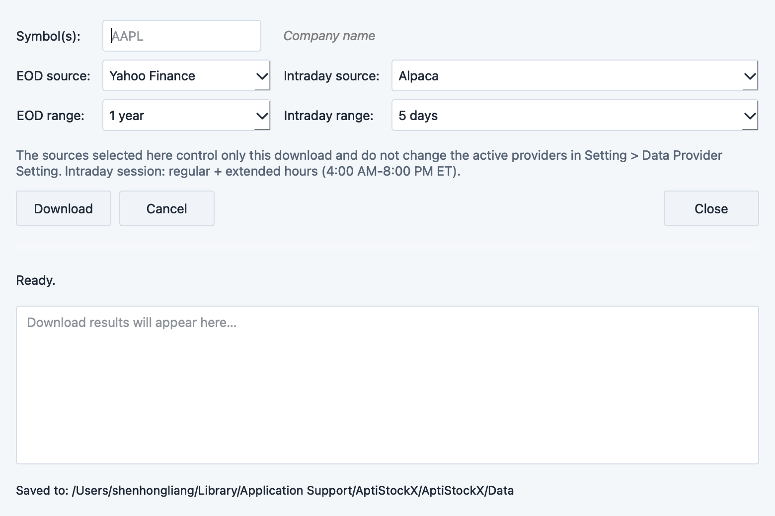 Download Stock Data dialog with symbol input, company name, EOD and intraday data sources, and range selectors