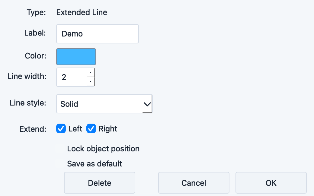 Extended Line settings dialog with line appearance and extension controls