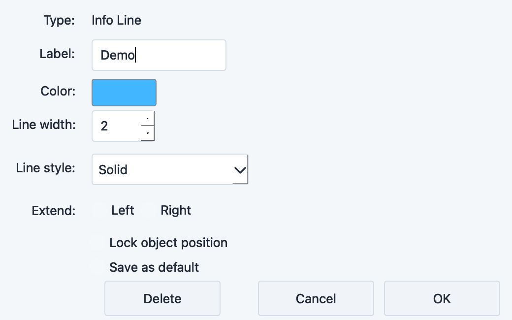 Info Line settings dialog with label, line appearance, and extension controls