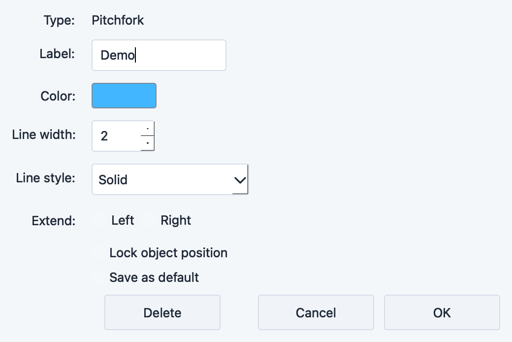 Pitchfork settings dialog with color and line style options