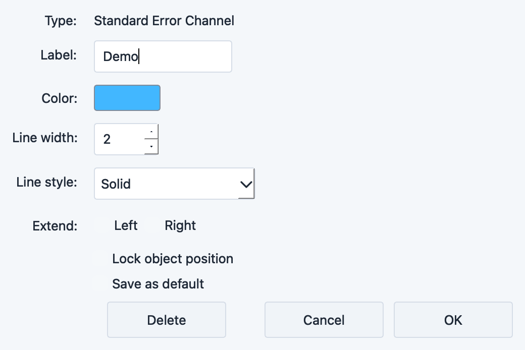 Standard Error Channel settings dialog with multiplier and color options