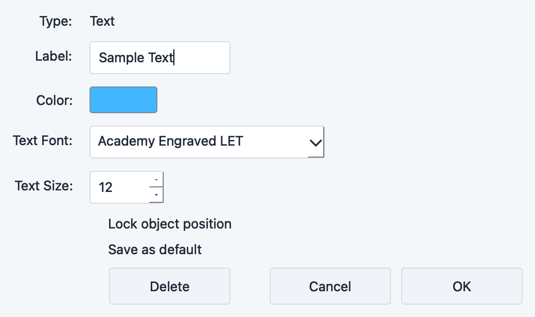 Text study settings dialog with text input, font, color, and position options