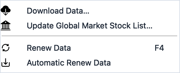 Download menu showing Download Data, Renew Data, and Automatic Renew Data commands