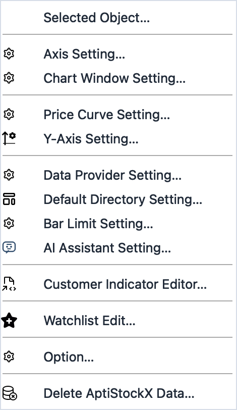 Setting menu showing all settings commands including Data Provider, Chart Window, Y-Axis, Watchlist Edit, Customer Indicator Editor, and Options