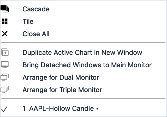 Window menu showing Cascade, Tile, Close All, detached-window commands, monitor arrangement commands, and open chart list