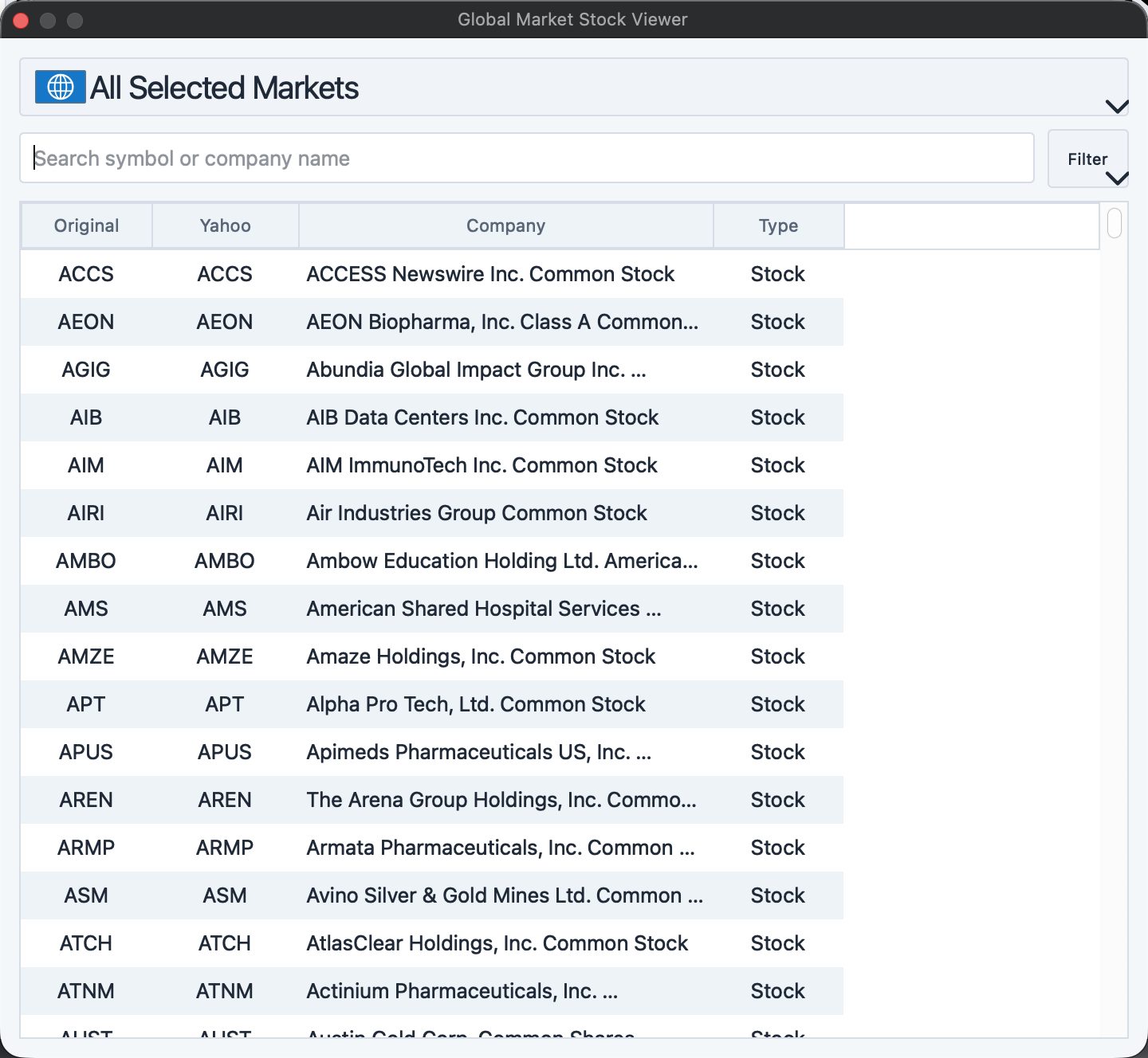 Global Market Stock Viewer floating independently beside the main AptiStockX window