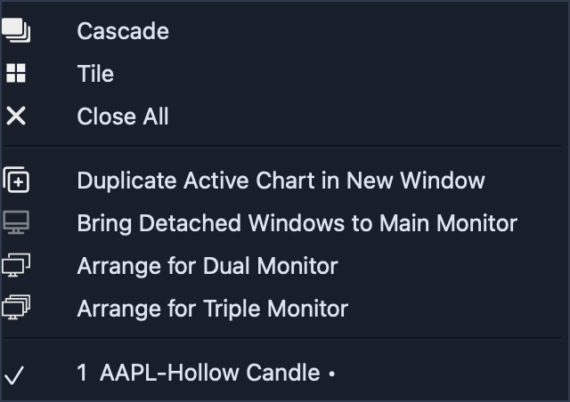 AptiStockX window menu with multi-monitor commands